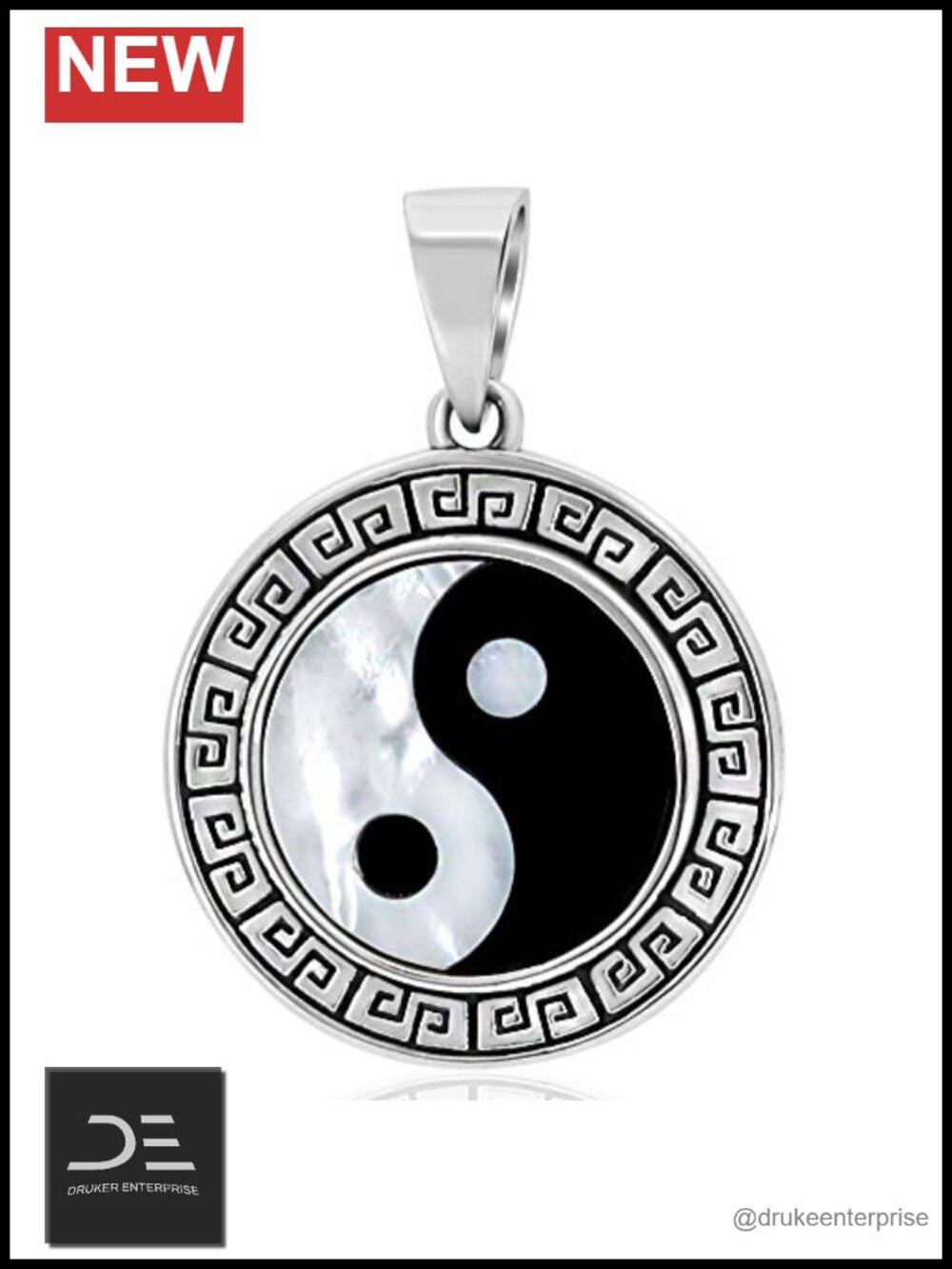 925 Sterling Silver Yin & Yang Pendant Necklace with Black Onyx & White Shell